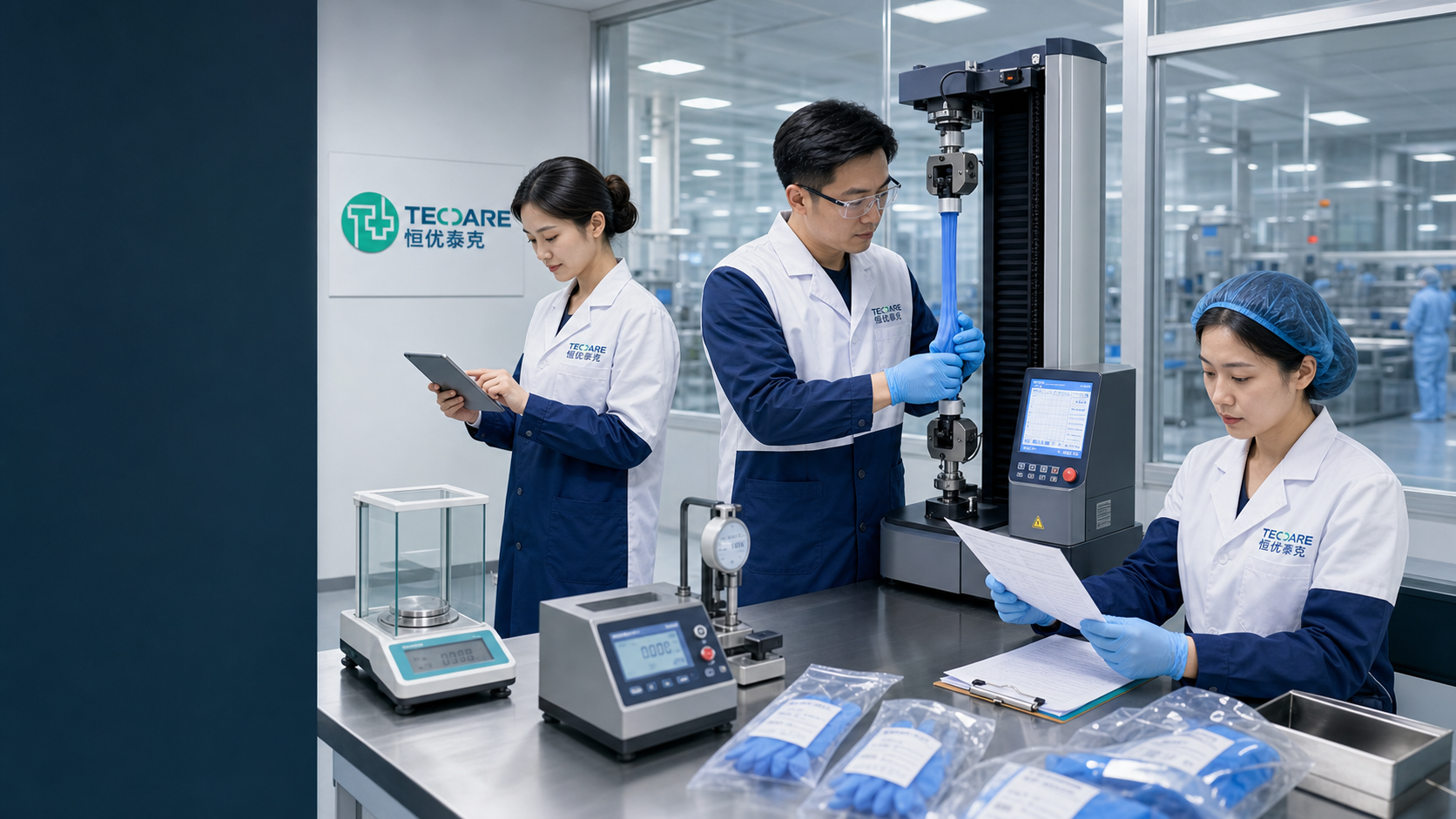 Chinese TEC CARE laboratory professionals performing realistic tensile, thickness and documentation checks on blue disposable gloves