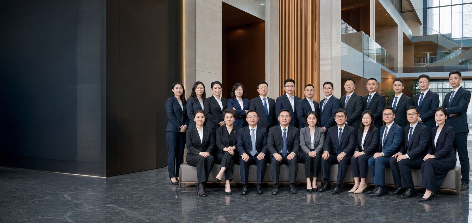 Full Chinese HENYO TECARE team in formal business attire at a modern Ningbo corporate headquarters
