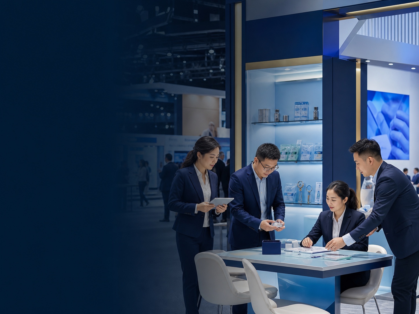 Chinese HENYO TECARE team professionally welcoming international medical supply buyers at an industry event