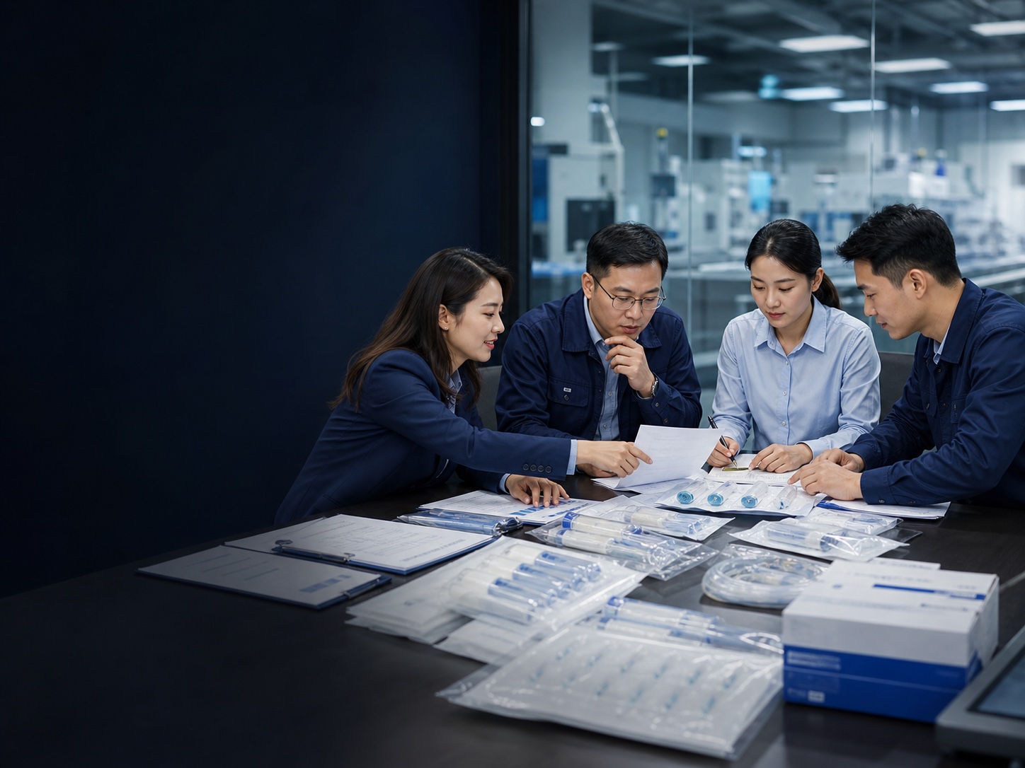 Chinese HENYO TECARE commercial and quality team coordinating an international medical consumables order