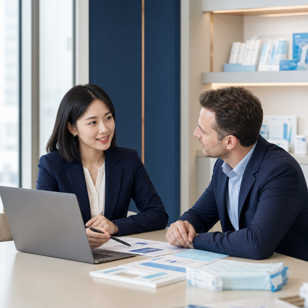 Chinese HENYO TECARE customer-support specialist meeting with an international buyer
