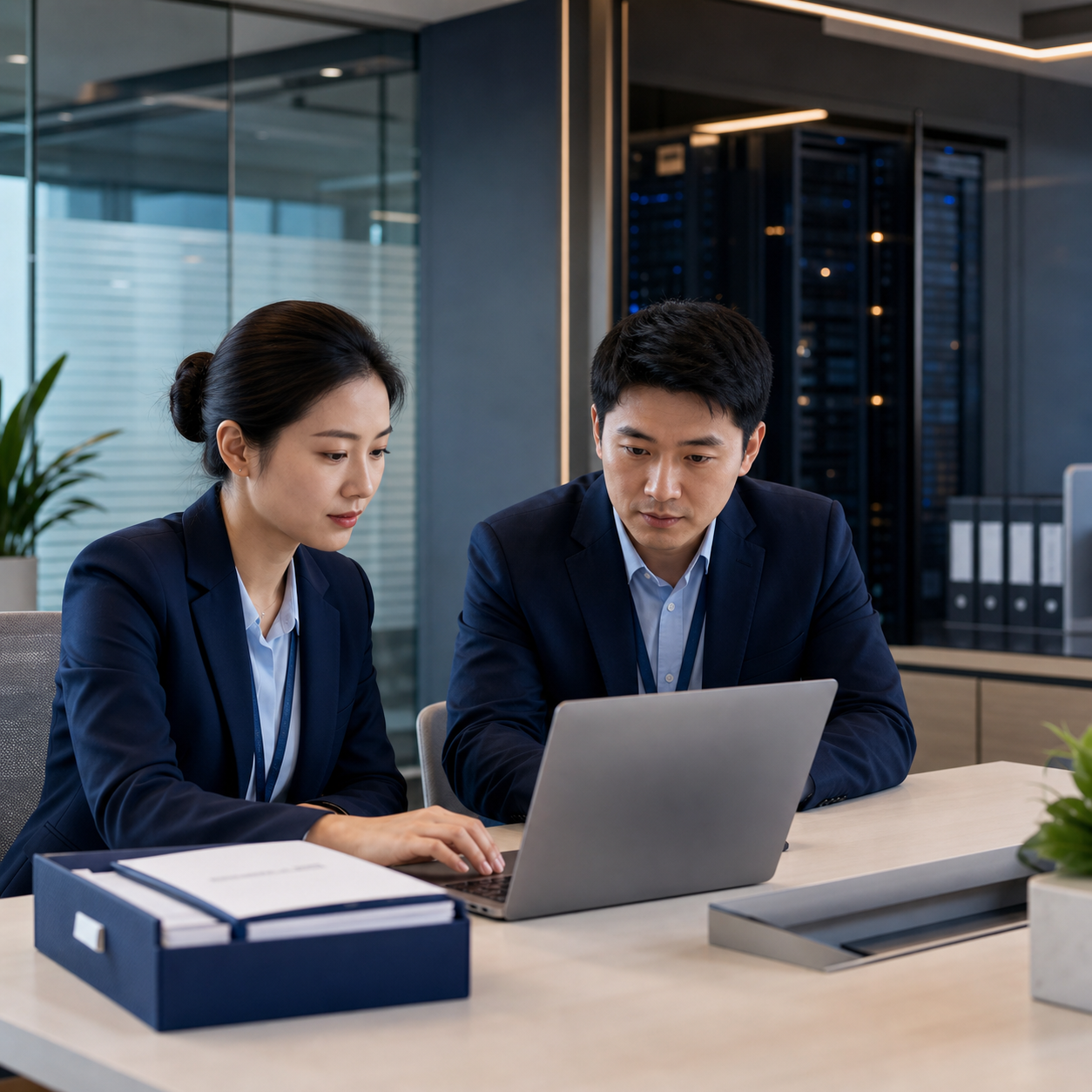 Chinese HENYO TECARE information-governance professionals working in a secure office