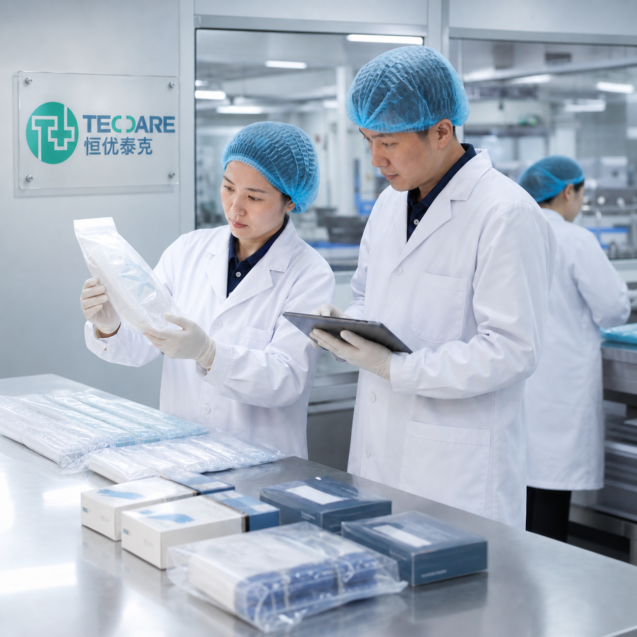 Chinese TEC CARE quality professionals inspecting sealed medical consumables in a branded laboratory