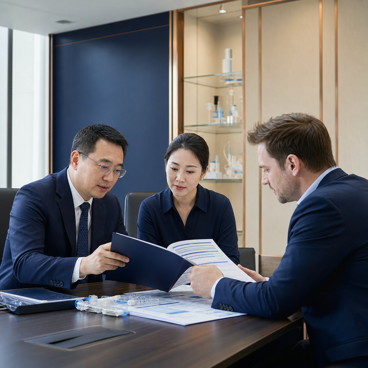 Chinese HENYO TECARE commercial representatives reviewing an agreement with an international buyer
