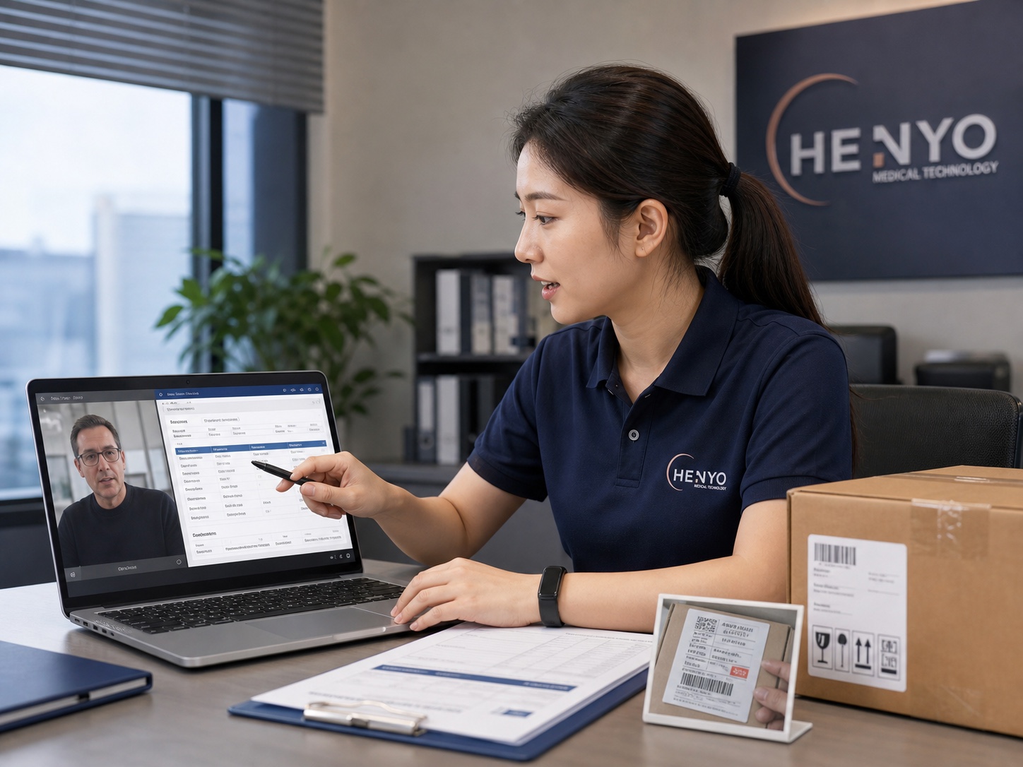 Chinese HENYO after-sales specialist opening a traceable case during a remote buyer call