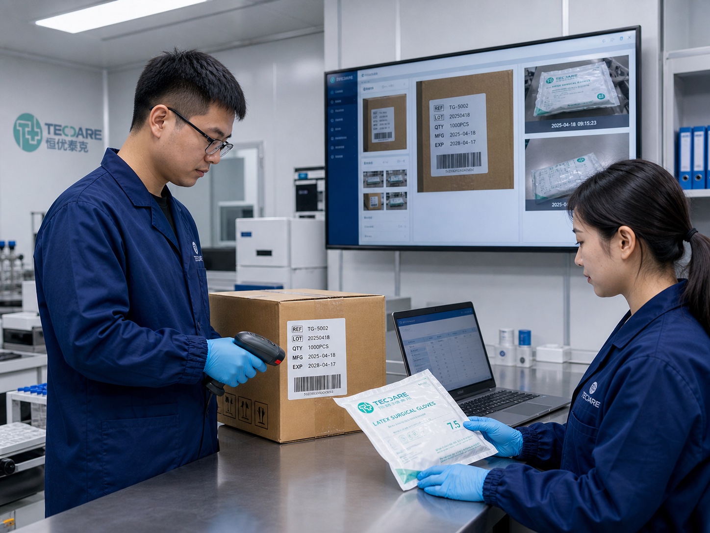 Chinese TEC CARE quality specialists scanning a batch label and comparing retained evidence