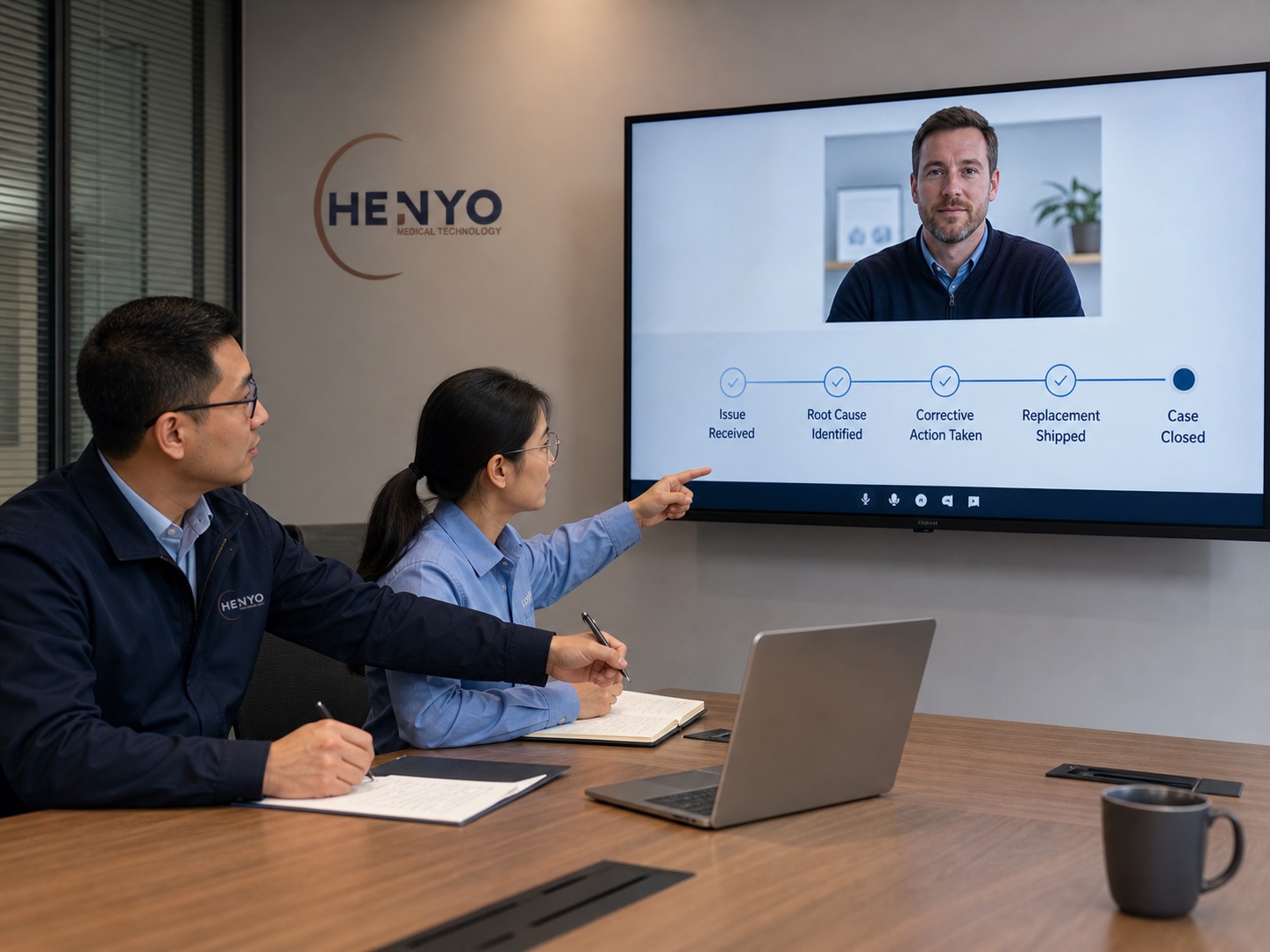 Chinese HENYO after-sales team presenting a claim resolution to a remote international buyer