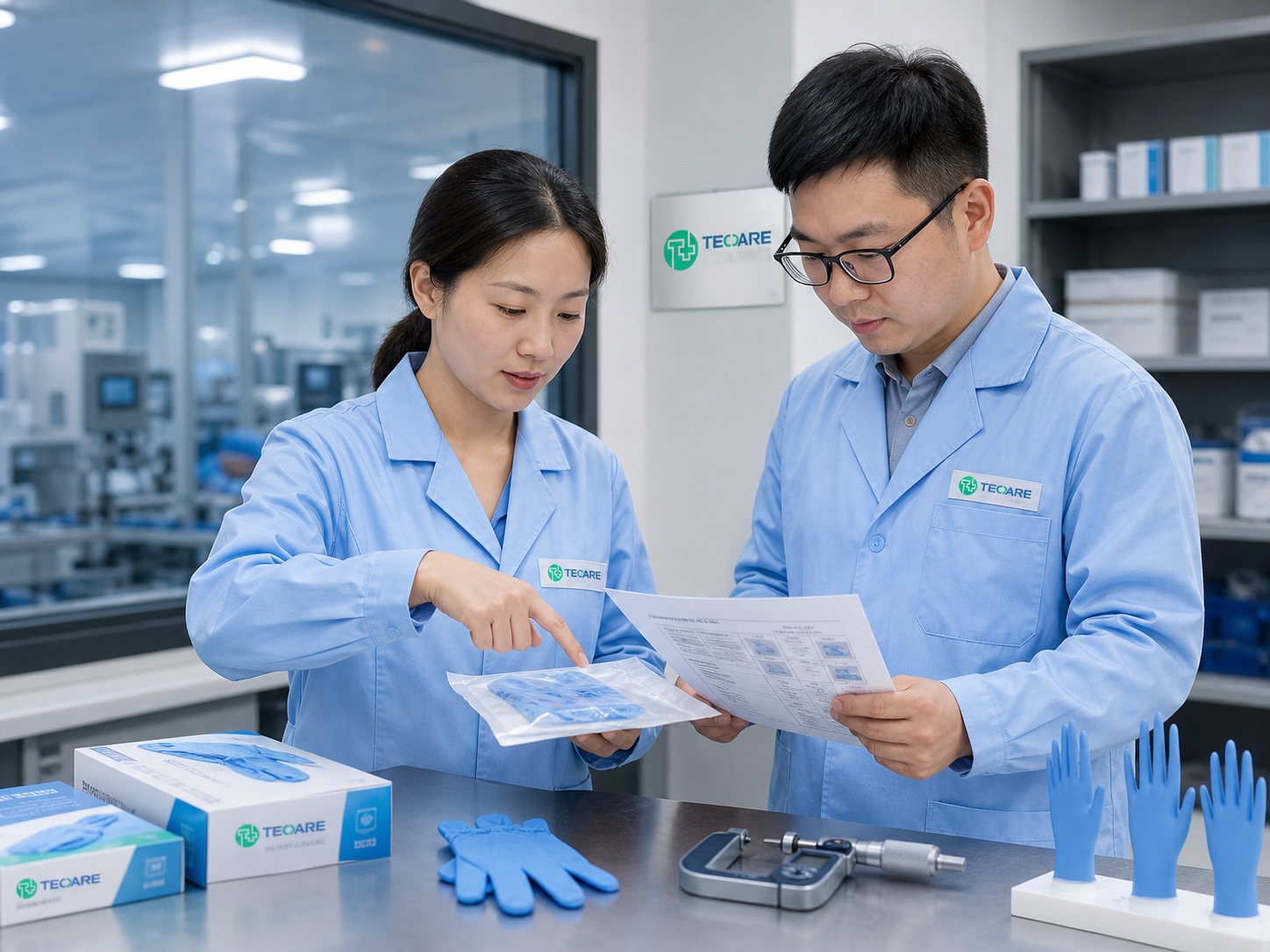 Chinese TEC CARE specialists reviewing a product sample and written order requirements in a branded medical laboratory