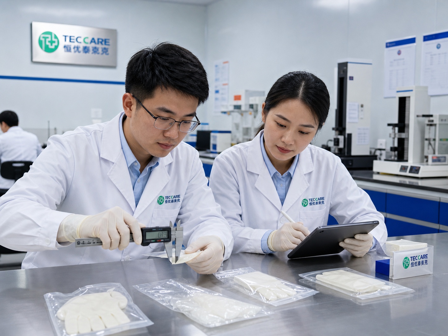 Chinese TEC CARE quality professionals measuring a glove sample and recording its acceptance standard