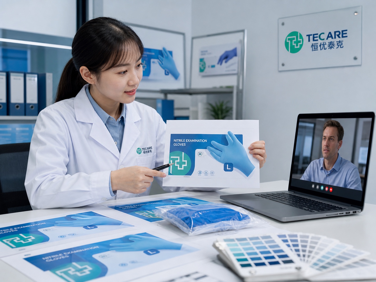 Chinese TEC CARE packaging specialist presenting private-label glove artwork to an international buyer by video