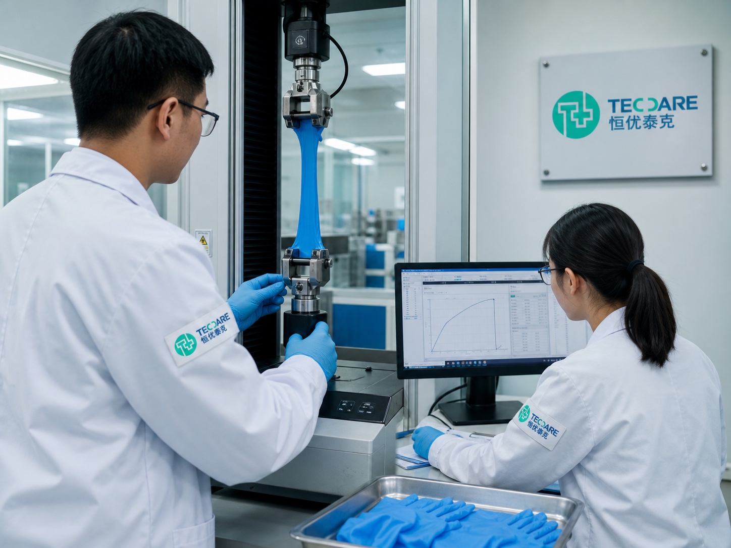Chinese TEC CARE inspectors performing a tensile test on a nitrile glove