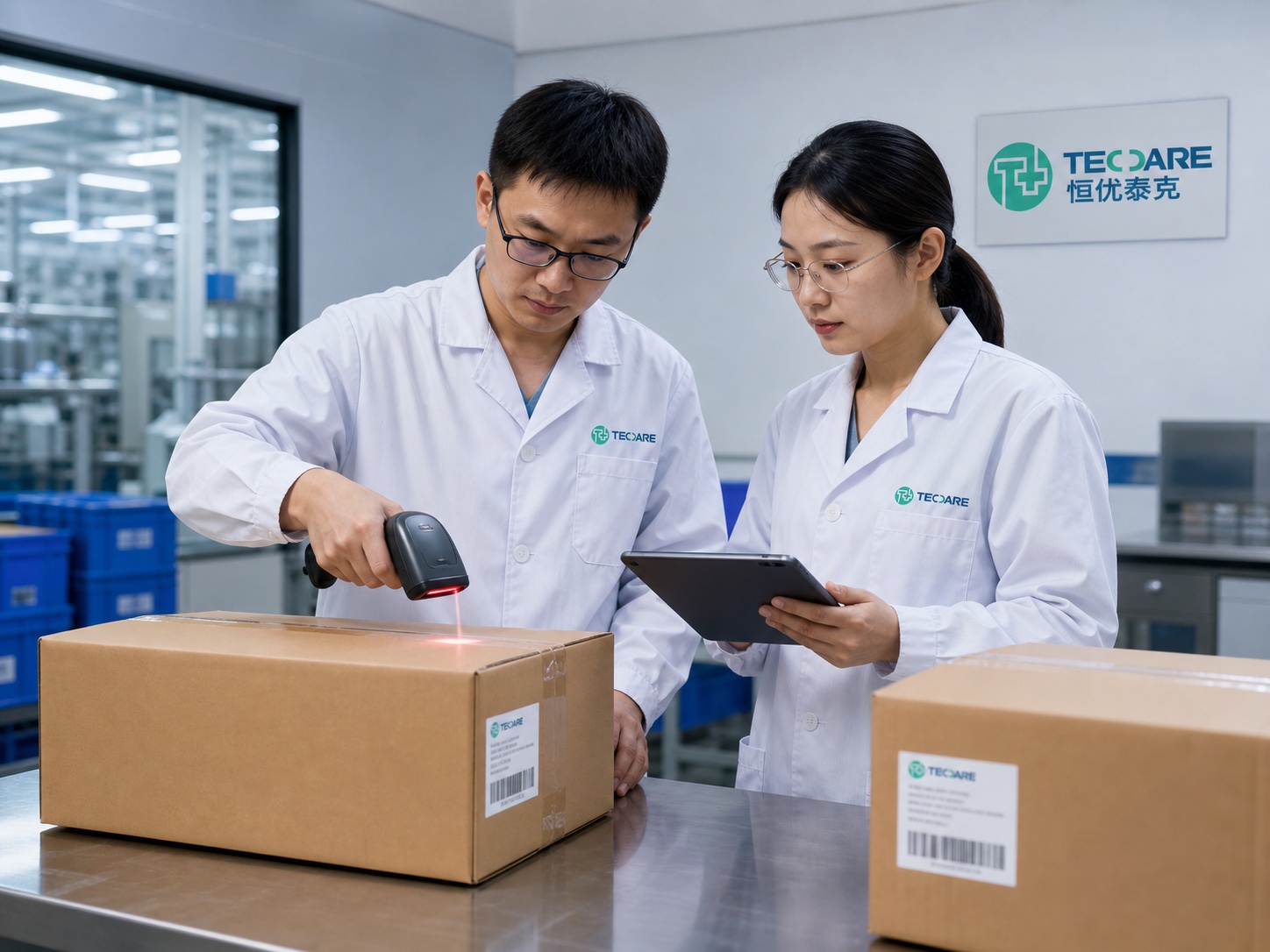 Chinese TEC CARE release team scanning and verifying a sealed carton's batch label