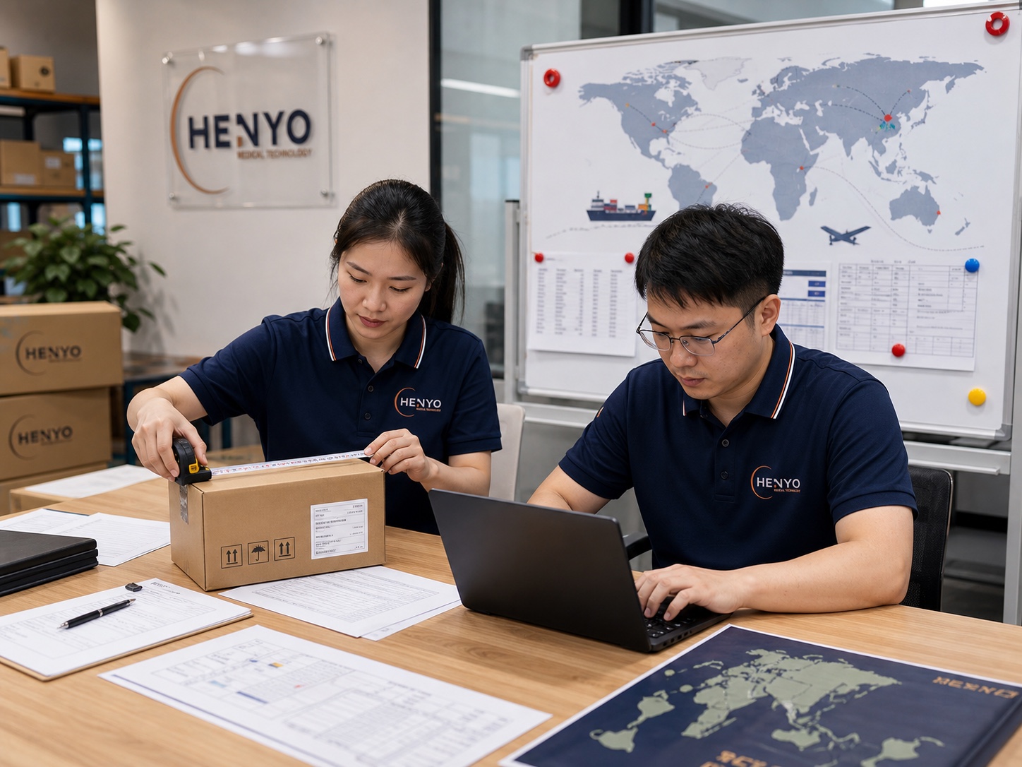 Chinese HENYO logistics specialists measuring a sealed sample carton and planning an international shipment