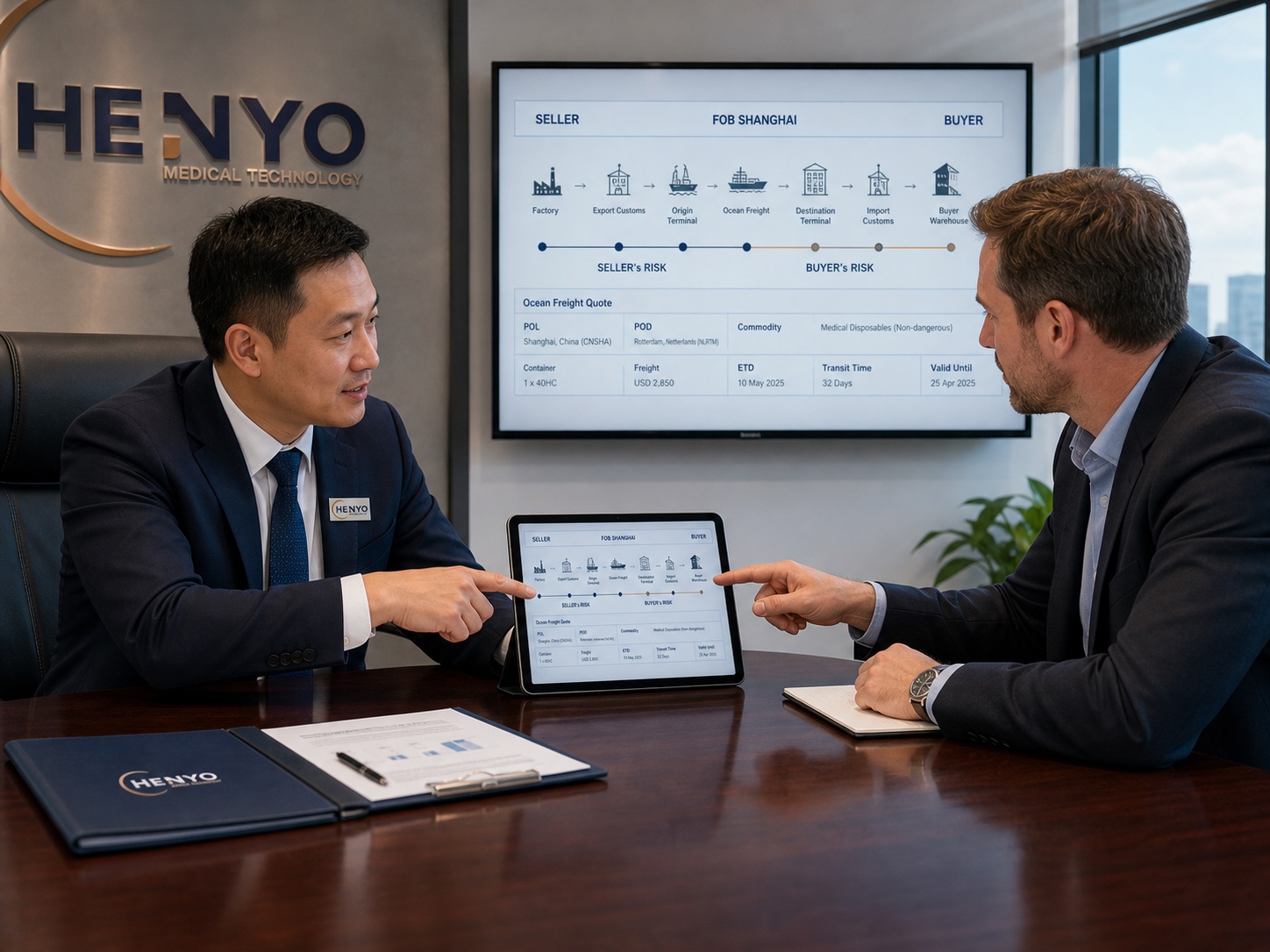 Chinese HENYO export manager and international buyer agreeing shipping responsibilities in an office