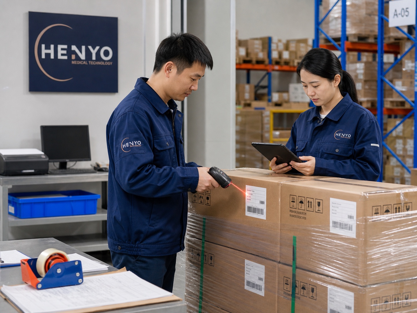 Chinese HENYO warehouse team scanning sealed cartons and reviewing the packing record