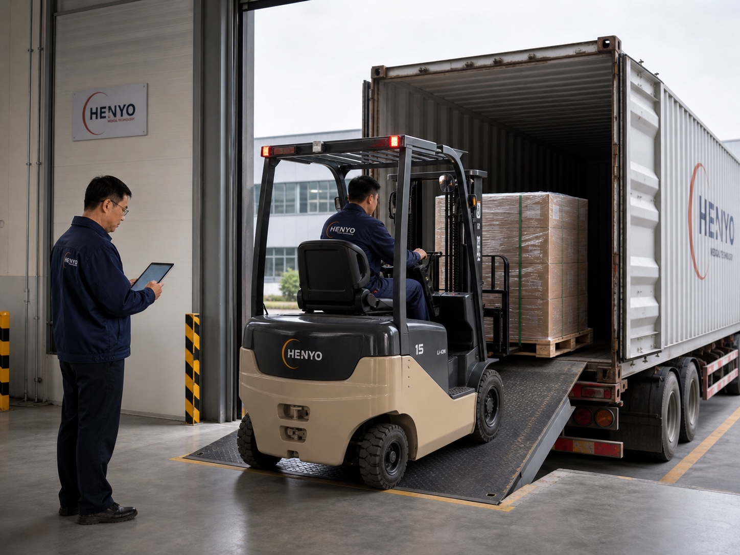 Chinese HENYO warehouse team using a forklift to load a sealed export pallet into a shipping container