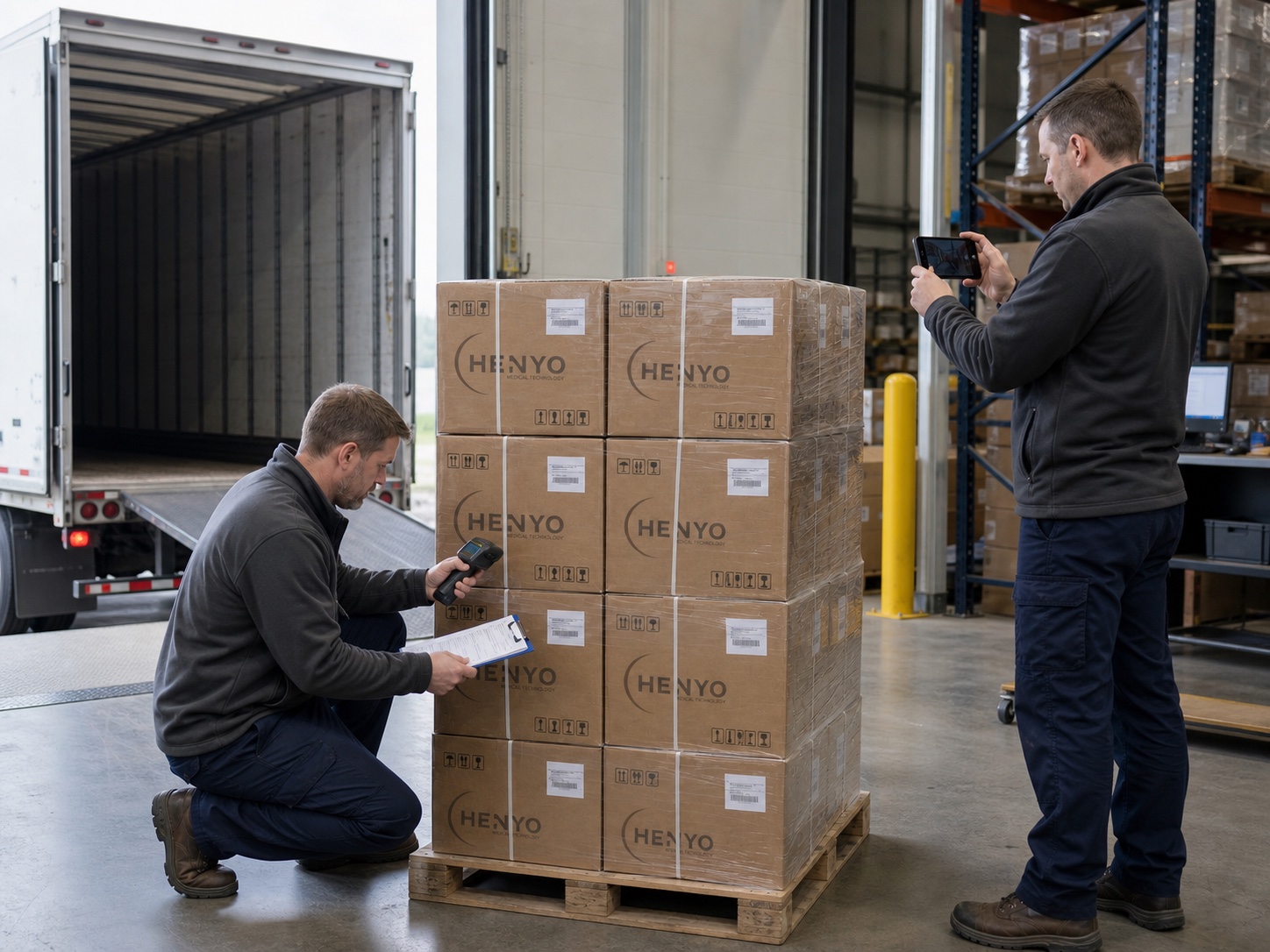 Customer warehouse employees scanning and documenting a delivered HENYO pallet at their independent receiving dock